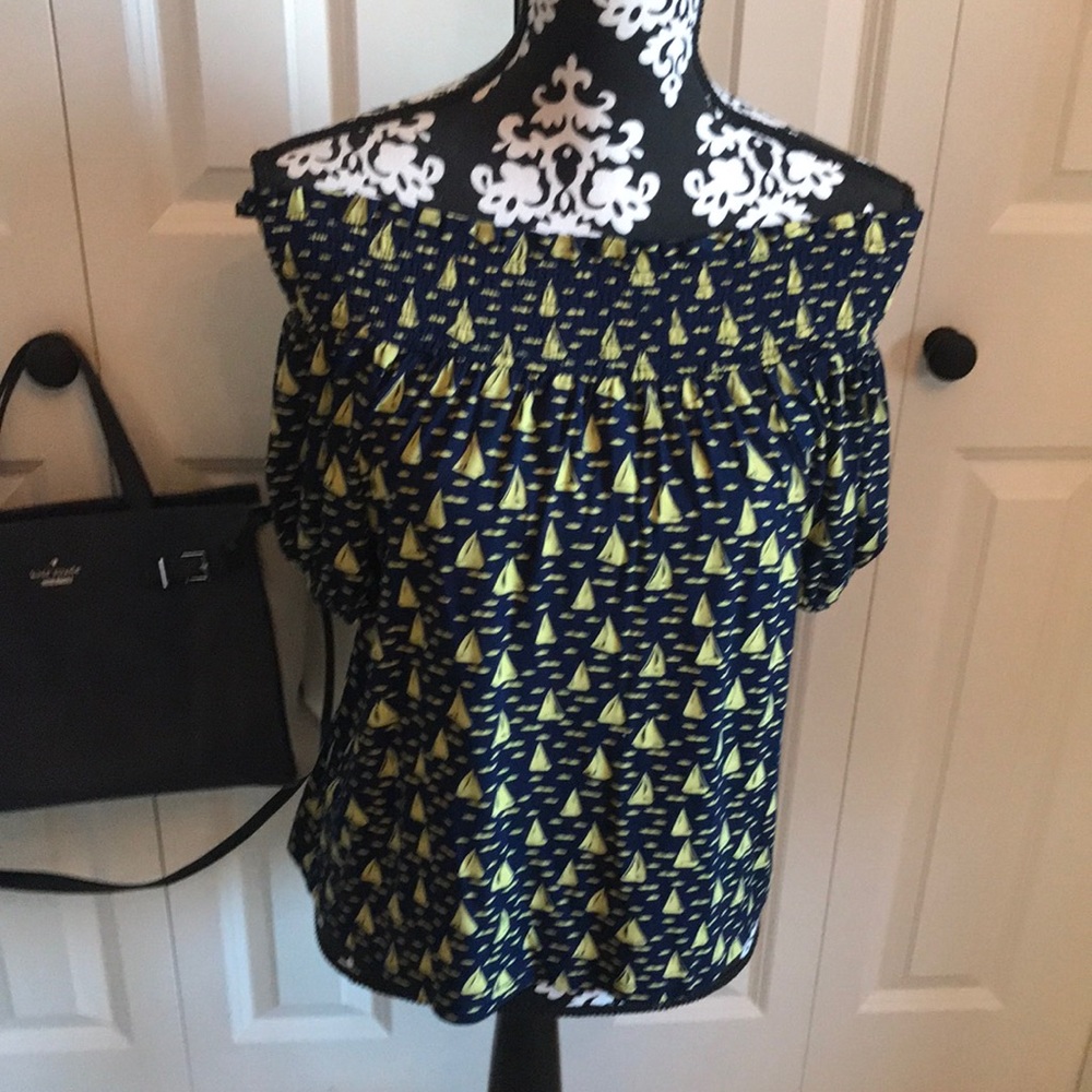 Super fun navy and lime green sailboat print off shoulder top with bow at back